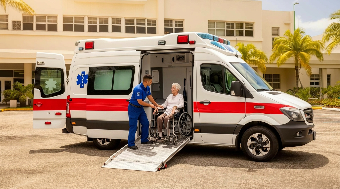 Ambulancia White Cross con rampa desplegada asistiendo a paciente en silla de ruedas